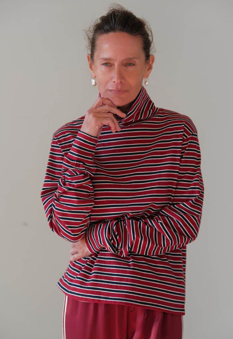 DONNI The Stripe Jersey Turtleneck | Oxblood Stripe