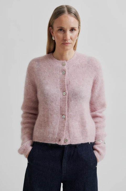 mohair knit pink cardigan, pearl buttons, boxy fitted shape long sleeve