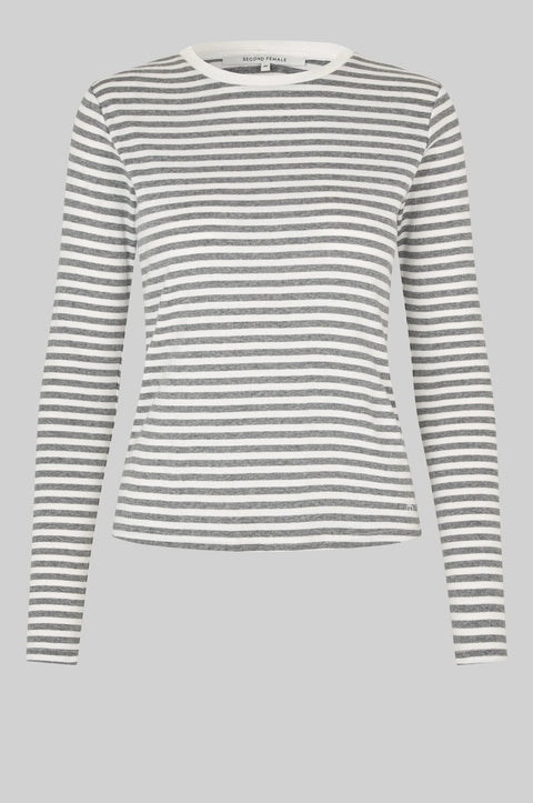 A grey and white striped long sleeve t-shirt by Second Female, featuring a round neckline, twin needle stitching, and a flattering close-fit silhouette crafted from 100% cotton.