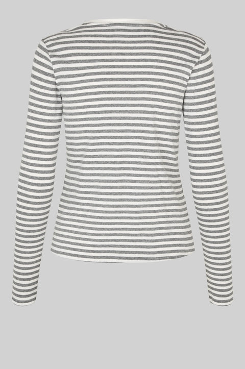 A grey and white striped long sleeve t-shirt by Second Female, featuring a round neckline, twin needle stitching, and a flattering close-fit silhouette crafted from 100% cotton.