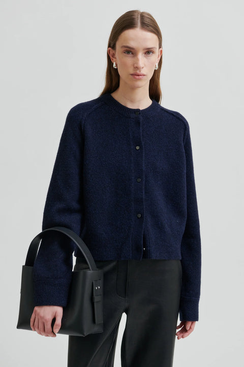 Classic wool cardigan in navy blue, round neck, with statement buttons, raglan sleeve style. Second Female Banja Knit Cardigan
