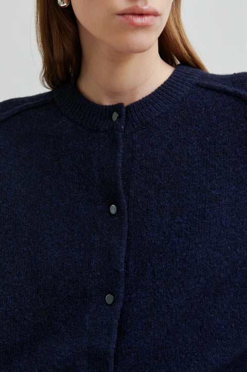 Classic wool cardigan in navy blue, round neck, with statement buttons, raglan sleeve style. Second Female Banja Knit Cardigan

