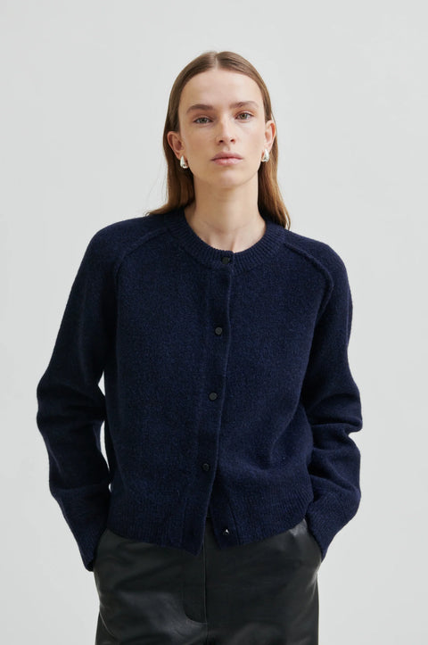 Classic wool cardigan in navy blue, round neck, with statement buttons, raglan sleeve style. Second Female Banja Knit Cardigan
