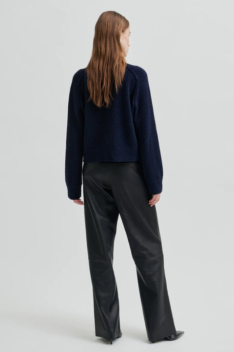 Classic wool cardigan in navy blue, round neck, with statement buttons, raglan sleeve style. Second Female Banja Knit Cardigan
