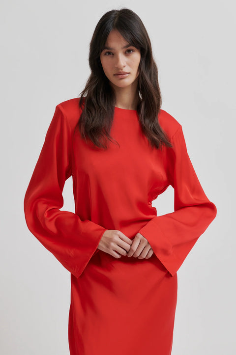 Red long sleeve holiday dress, gather detail on left side, long, relaxed fit. Second Female Ermine Dress 
