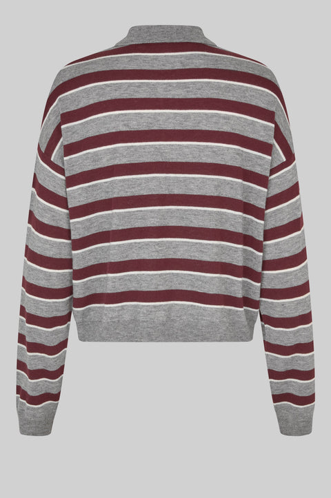 Classic rugby shirt, with boxy stripe grey and brown. Merino blend with a polo collar, half-button placket, and ribbing at the collar, cuffs, and hem. Cut short but not cropped, in a slightly relaxed fit.
