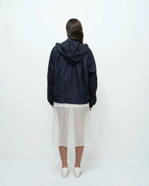 Navy anorak jacket back view hooded lightweight outerwear