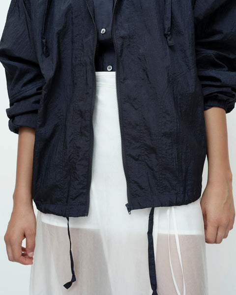 Navy anorak jacket front detail zip closure and large pockets