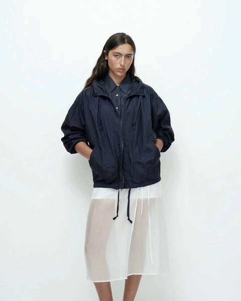 Navy shirred anorak jacket oversized fit front view model