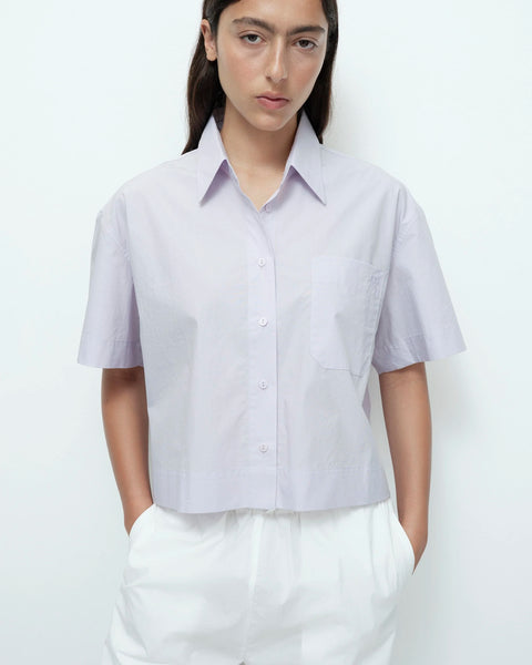 Purple short sleeve cotton shirt relaxed fit front view model