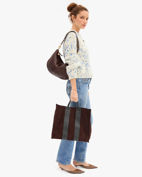 Clare V Truffle Suede Simple Tote with Racing Stripes – styled on model showing 15" W x 13" H capacity