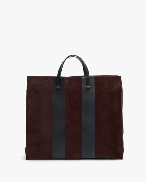 Clare V Simple Tote Truffle Suede with Racing Stripes – front view showing stripe detail and magnetic closure