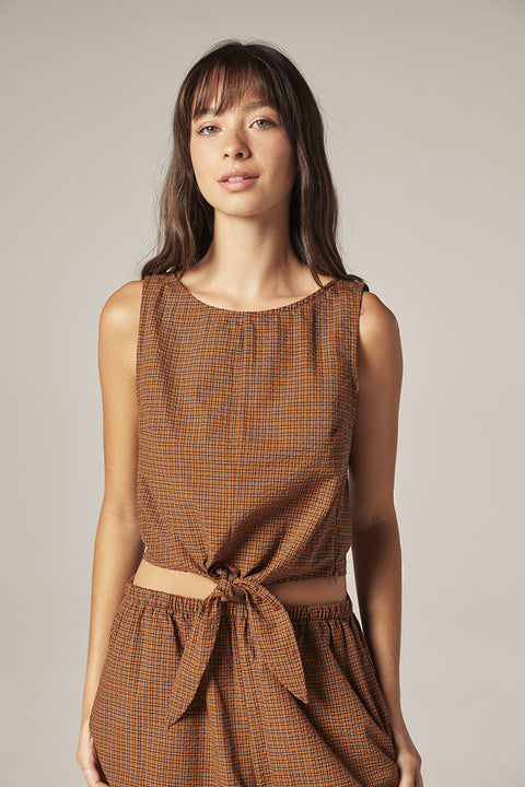 Amente Front Knot Tie Top | Brown with Orange