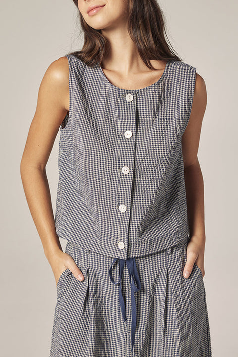 Amente Plaid Button Down Top | Navy with White