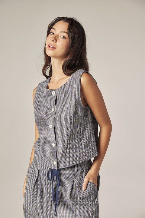 Amente Plaid Button Down Top | Navy with White