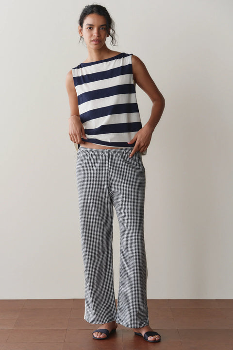 DONNI Gingham Stripe Pant Jet - Side View Highlighting Straight Leg Cropped Silhouette and Sporty Racer Stripe