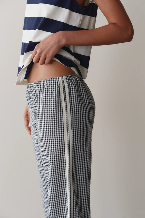 DONNI Cotton Gingham Stripe Cropped Pant Jet - Styled Shot of Women's Breathable Sporty LA-Made Cropped Trouser