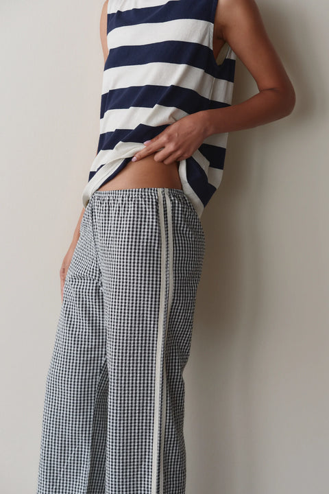 DONNI Cotton Gingham Cropped Pant Jet - Front View Showing Contrast Racer Stripe Detail and Elastic Waist