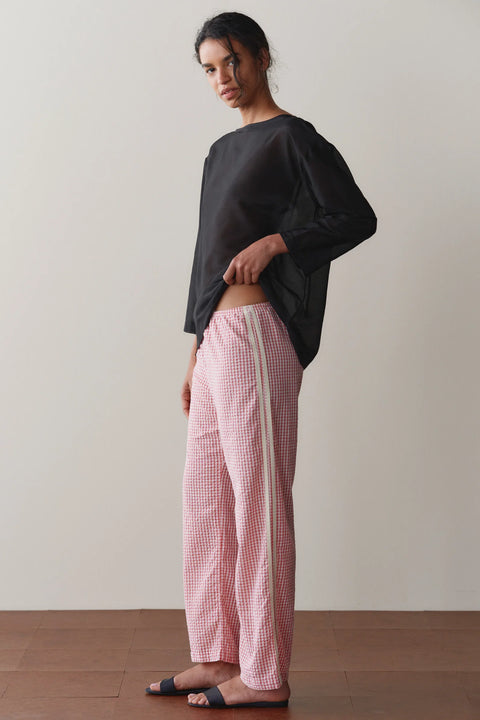 DONNI Cotton Gingham Cropped Pant Rhubarb - Front View Showing Rhubarb Pink Gingham and Contrast Racer Stripe Detail