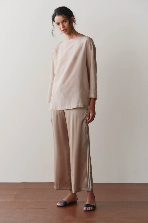 DONNI Silk Stripe Crop Pant Shitake Creme - Front View Showing Fluid Silk Drape, Racer Stripe Detail and Drawstring Waist