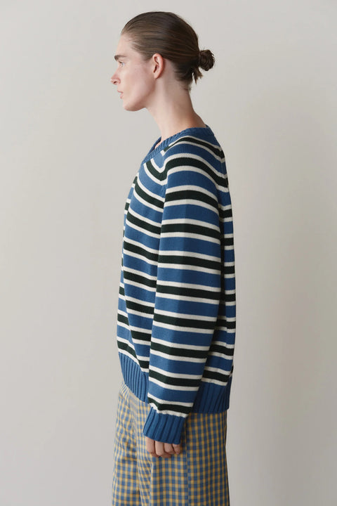 DONNI Cotton Knit Stripe Sweater in Lake with Creme and Fir - Back View of Women's Lightweight Cotton Knit Layer