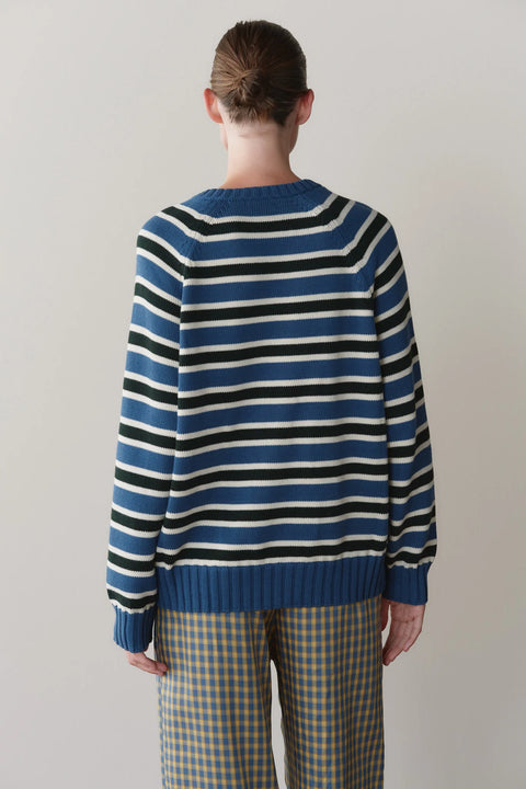 DONNI The Cotton Knit Stripe V Neck Sweater - Styled Shot Showing Blue, Creme and Fir Stripe Sweater for Everyday Layering