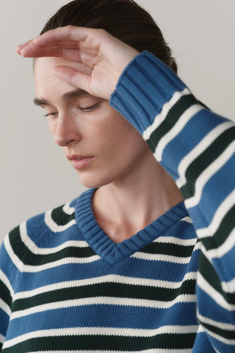 DONNI Cotton Knit Stripe Sweater Lake with Creme and Fir - Front View Showing V-Neckline and Ribbed Edge Detail