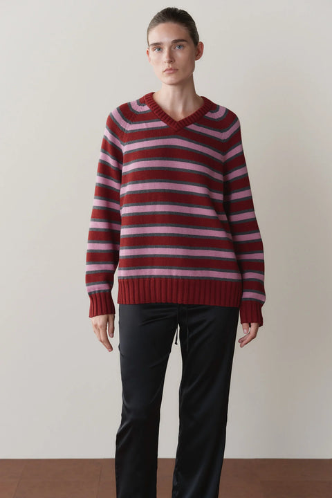 DONNI The Cotton Knit Stripe V Neck Sweater - Styled Shot Showing Oxblood, Rose and Charcoal Stripe Sweater for Everyday Layering