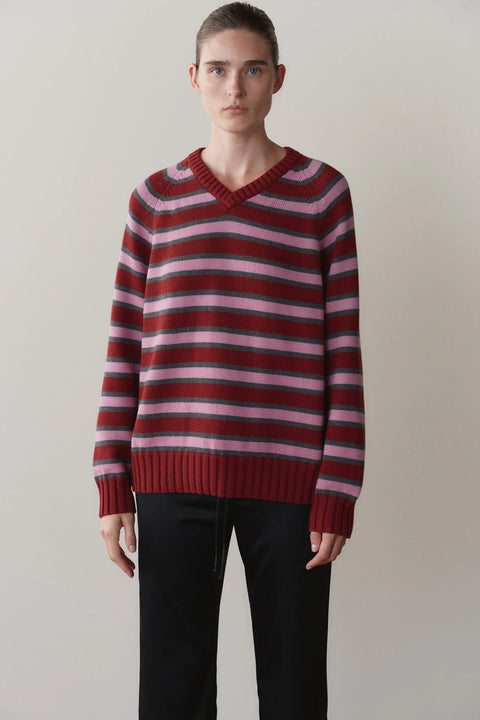 DONNI Cotton Knit Stripe Sweater Oxblood with Roz and Charcoal - Front View Showing V-Neckline and Ribbed Edge Detail