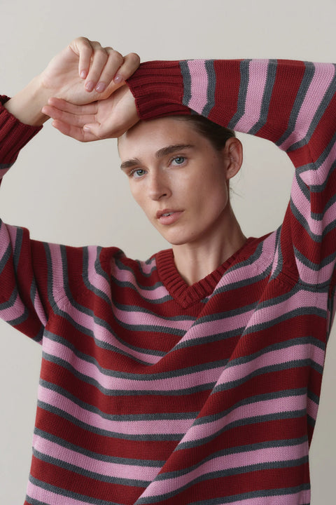 DONNI The Cotton Knit Stripe V Neck Sweater in Oxblood with Roz and Charcoal - Women's Relaxed Fit V-Neck Sweater in Soft Cotton Knit with Multi-Color Stripe