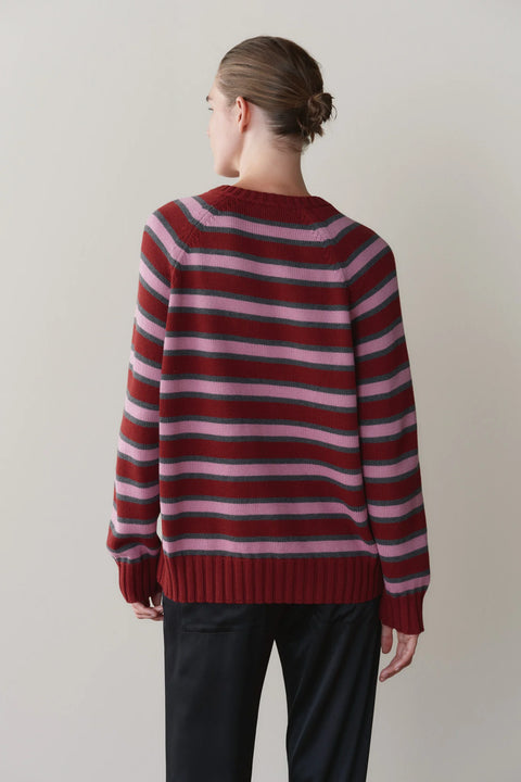 DONNI Cotton Knit Stripe Sweater in Oxblood with Roz and Charcoal - Back View of Women's Lightweight Cotton Knit Layer