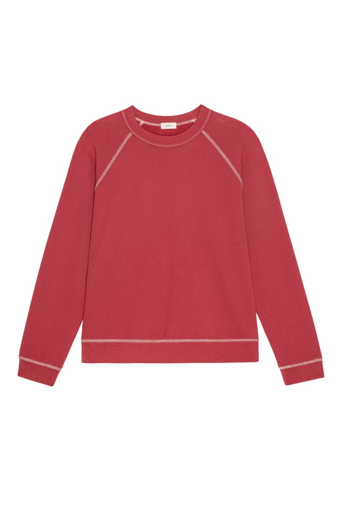 Side view of DONNI Eco Terry Contrast Stitch Sweatshirt in Raspberry – true-to-size fit organic cotton lounge top