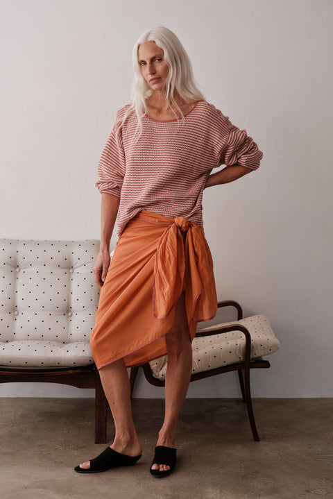 DONNI The Cotton Knit Stripe Sweater Rhubarb with Creme - Styled Layering Shot of Women's Lightweight Sweater