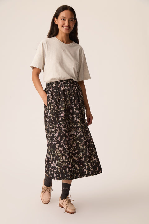 Des Petits Hauts Ylane Skirt in Camo - Styled Shot Paired with Simple Top for Statement Skirt Look