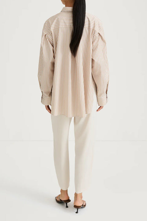 Cotton blouse, single pleated back, full wide sleeve, classic collar, slight stripe beige, 100% cotton
