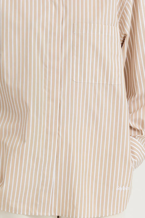 Cotton blouse, single pleated back, full wide sleeve, classic collar, slight stripe beige, 100% cotton
