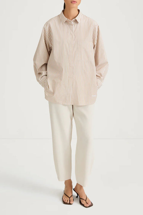 Cotton blouse, single pleated back, full wide sleeve, classic collar, slight stripe beige, 100% cotton
