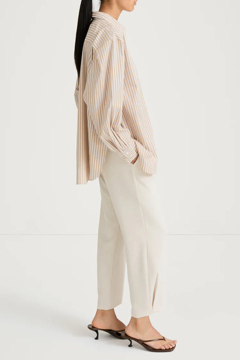 Cotton blouse, single pleated back, full wide sleeve, classic collar, slight stripe beige, 100% cotton
