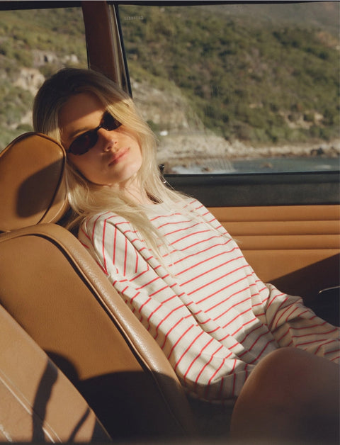 Apres June cream stripe tee styled with casual accessories – easy breezy women's long sleeve summer top