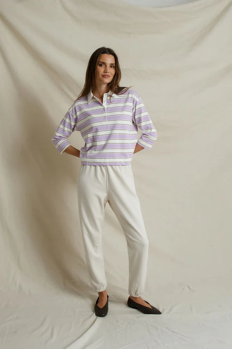 Perfect White Tee Daria Rugby Shirt Ultraviolet Stripe - Front View Showing Vintage-Inspired Purple Stripe and Button Placket Detail