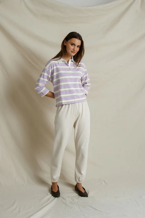 Perfect White Tee Daria Ultraviolet Stripe Rugby - Side View Highlighting Slightly Cropped Silhouette and 3/4 Sleeve Length
