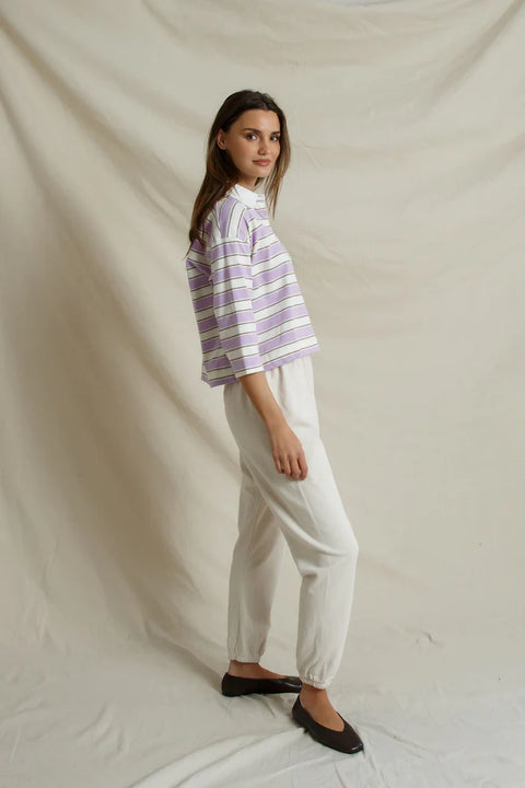 Perfect White Tee Daria Rugby Shirt in Ultraviolet - Back View of Women's Structured Cotton Striped Rugby Shirt
