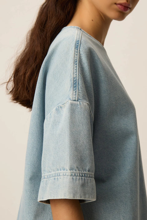 Des Petits Hauts Loris oversized denim t-shirt in bleached blue cotton with a relaxed fit and shirttail hem.