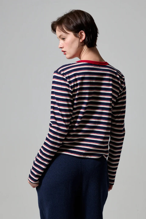 Asher Lucy Navy Natural Red Long Sleeve Tee - Front View Showing Classic Navy and Red Stripe and Slim Body Fit