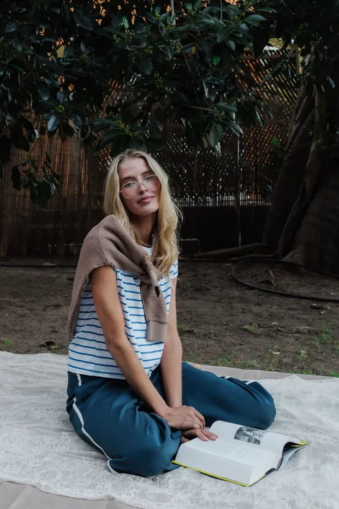 Perfect White Tee Perfect White Tee Everett Boxy Crewneck Tee in Cobalt Stripe: features cotton, relaxed, striped