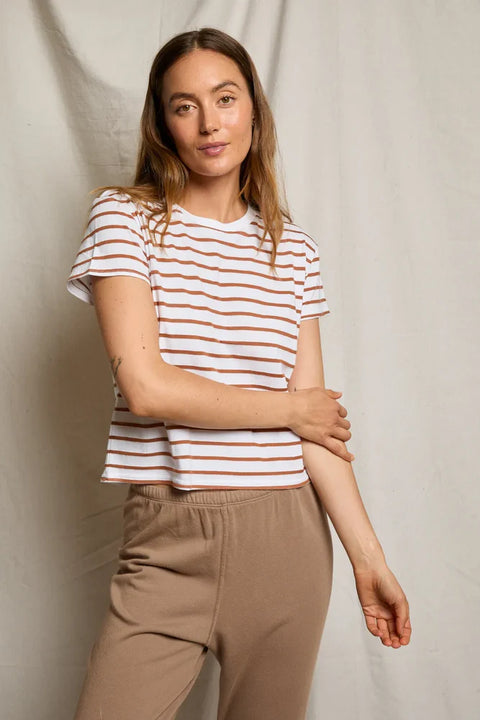 Perfect White Tee Everett Boxy Crewneck Tee | Mocha Stripe