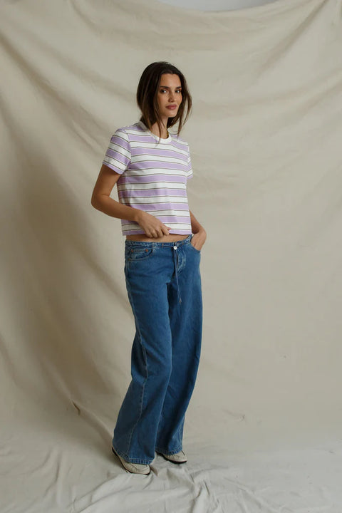 Perfect White Tee Gia Ultraviolet Stripe Tee - Front View Showing Bold Vintage-Inspired Purple Stripe and Clean Crew Neckline