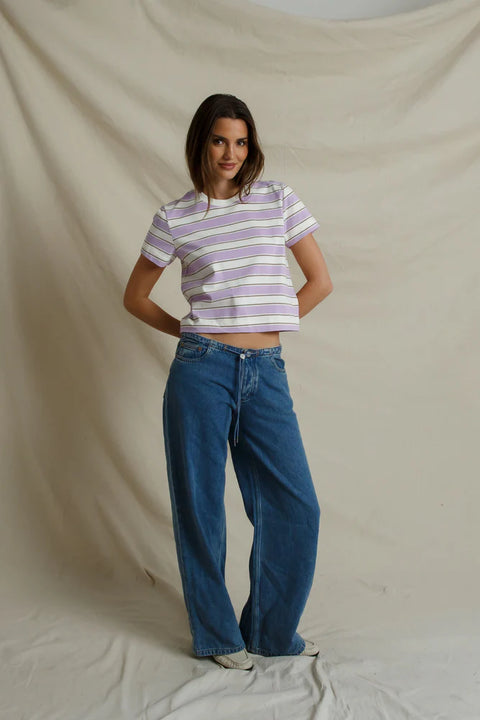 Perfect White Tee Gia Rugby Tee Ultraviolet - Side View Highlighting Slightly Cropped Silhouette and Short Sleeve Length