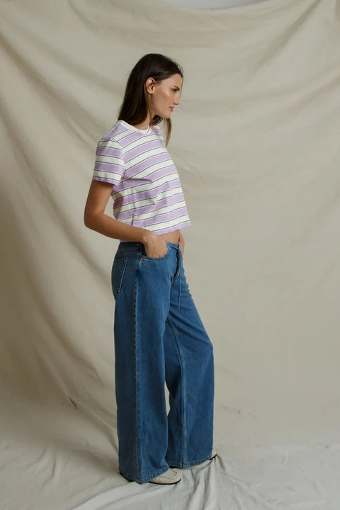 Perfect White Tee Gia Ultraviolet Stripe Crew Tee - Back View of Women's Structured Cotton Striped Rugby T-Shirt