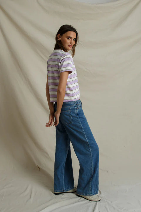 Perfect White Tee Gia Rugby Crew Tee Ultraviolet - Close-Up of Bold Purple Stripe and Structured 100% Cotton Knit Fabric